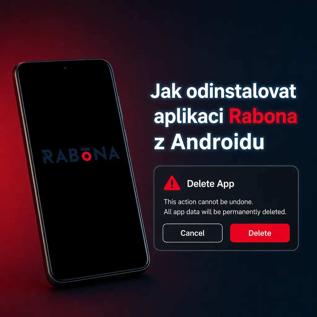 Návod na odinstalaci aplikace Rabona z Androidu podržením ikony a potvrzením volby Odinstalovat